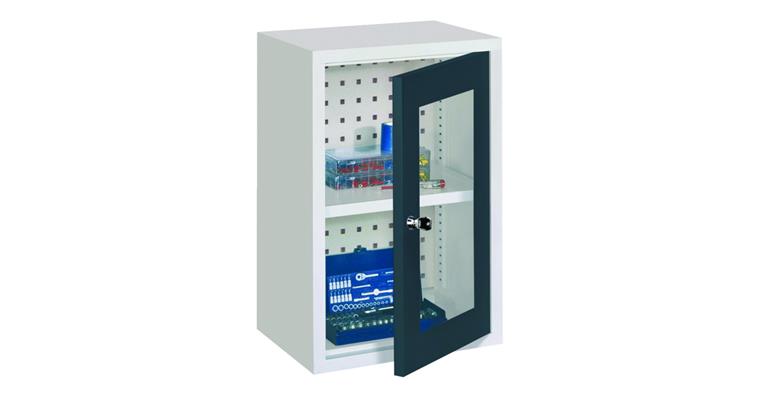 Hang. cab. back pan. prftd door w/ view. window W400mm RAL7035/7016 anthr. grey