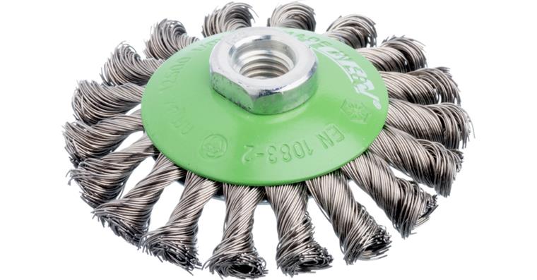 ATORN bevel brush 100 mm diameter, M14 braided V2A wire, 0.5 mm