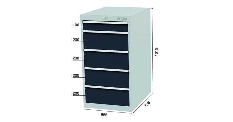 Drawer cabinet 5 drawers 7035/7016 1x100, 4x200mm 555x736x1019mm