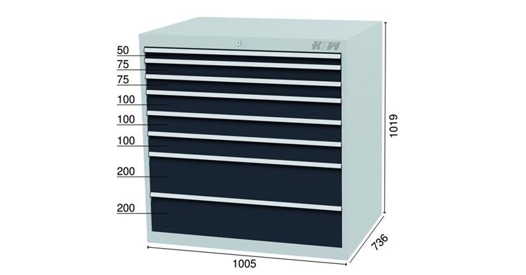 1084342303 HHW drawer cabinet 8 drawers 7016 1x50 2x75 3x100 2x200mm 1005x736x1019mm