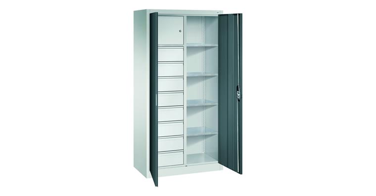 Flügeltür-Werkzeugschrank 1950x1200x500mm 4 Böden 1 Wertfach 8Schubladen RAL7016