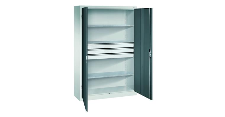 Großraum-Werkzeugschrank 1950 x 1200 x 600 RAL7035/7016 Schubladenblock mittig