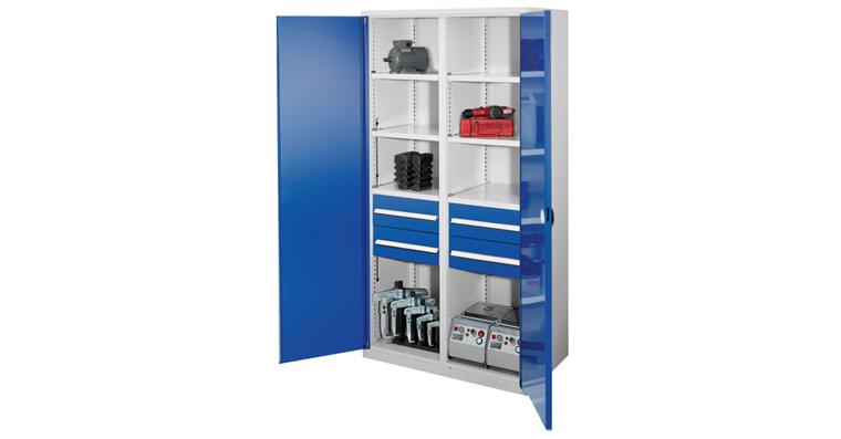 1085165202 Schwerlastschrank H1950xB1000xT600mm 6Böden+4Schubladen Vollblechtüren 7035/5010