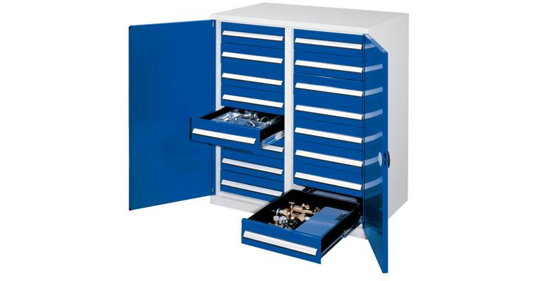 1085166304 Schwerlastschrank H1100xB1000xT600mm 16 Schubladen mit Mittelwand 7035/5010