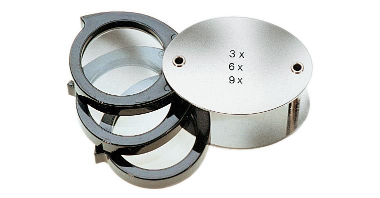 ATORN folding magnifying glass 3-6-9x mag., 3 biconvex lenses diameter 30 mm
