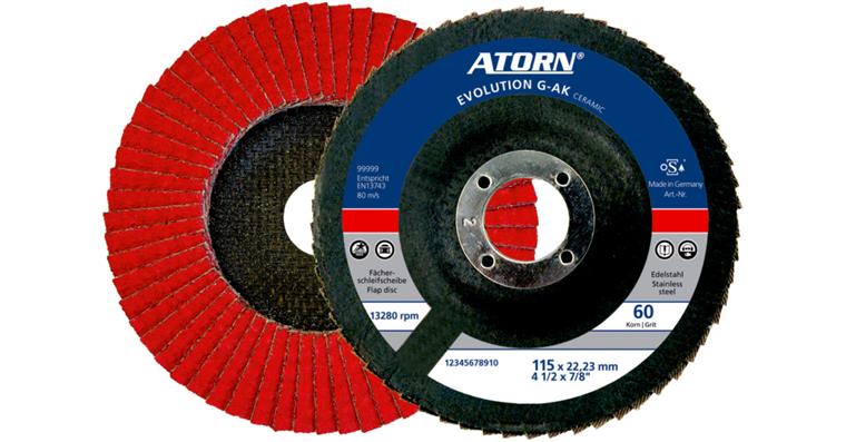 ATORN abrasive flaps, CERAMIC grain 40, 115 mm, inclined fibreglass carrier