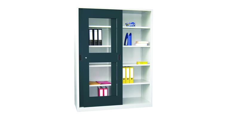 Schiebetürenschrank Sichtfenstertüren H 1950 x B 1500 x T 500 mm RAL 7035/7016