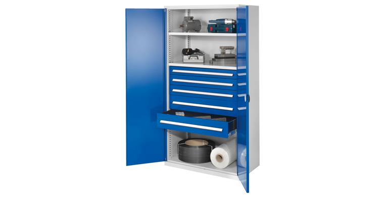 1085160204 Hvy-dty cabinet H1950xW1000xD600mm 3shelves+5drawers sld sh.met. doors 7035/5010