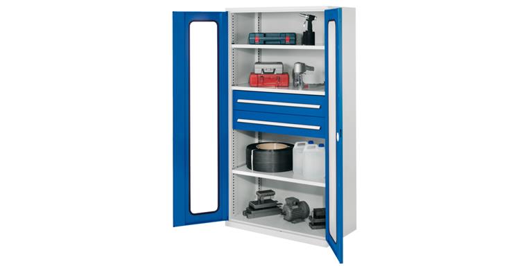 Heavy duty cabinet H1950xW1000xD600mm 3shelves+2drawers viewing window 7035/5010