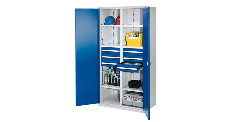 1085165203 Schwerlastschrank H1950xB1000xT600mm 6Böden+6Schubladen Vollblechtüren 7035/5010