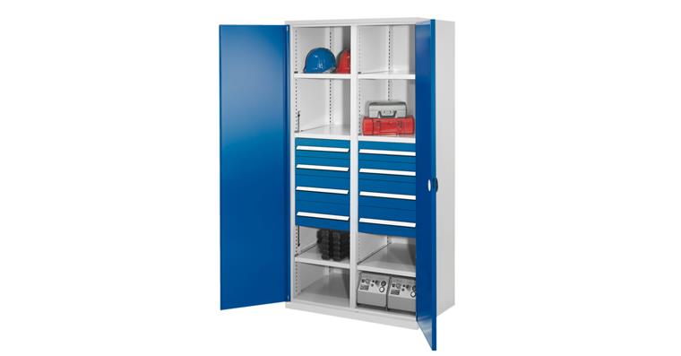 1085165204 Schwerlastschrank H1950xB1000xT600mm 6Böden+8Schubladen Vollblechtüren 7035/5010