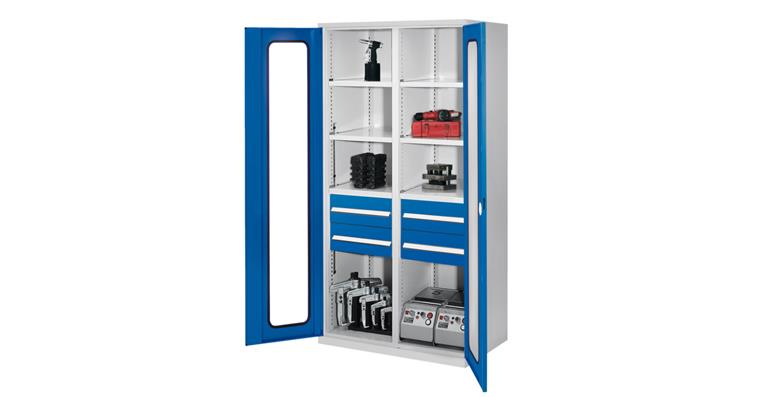 1085165206 Schwerlastschrank H1950xB1000xT600mm 6Böden+4Schubladen Sichtfenster 7035/5010