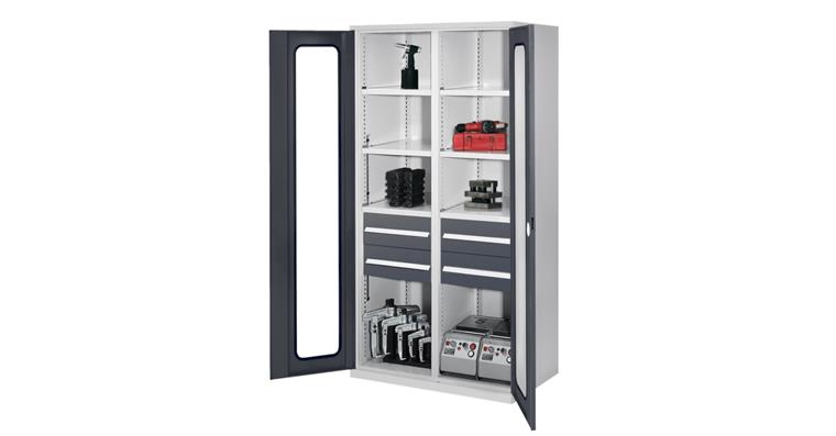 1085165306 Schwerlastschrank H1950xB1000xT600mm 6Böden+4Schubladen Sichtfenster 7035/7016