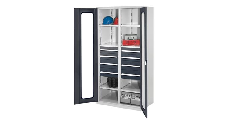 1085165308 Schwerlastschrank H1950xB1000xT600mm 6Böden+8Schubladen Sichtfenster 7035/7016