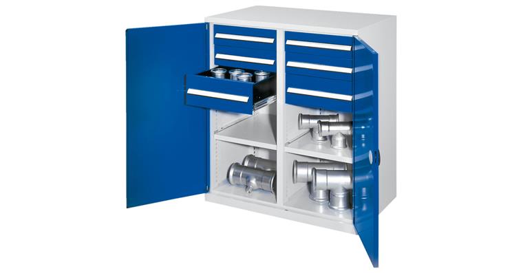 1085166303 Schwerlastschrank H1100xB1000xT600mm 2Fachböden+6Schubladen mit MW 7035/5010