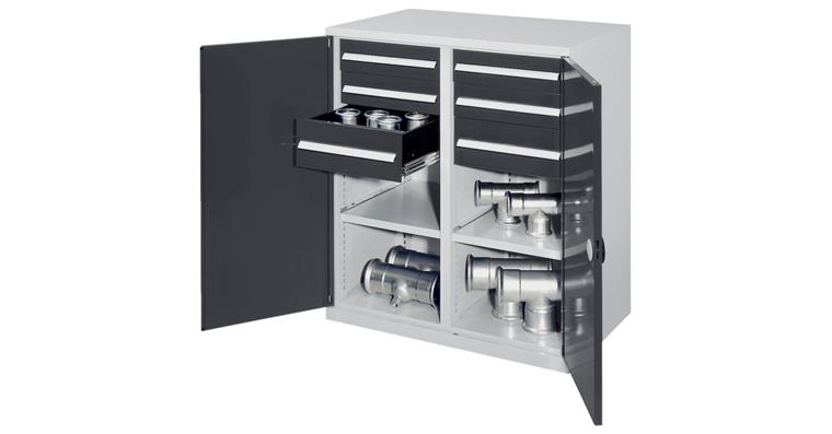 1085166403 Schwerlastschrank H1100xB1000xT600mm 2Fachböden+6Schubladen mit MW 7035/7016