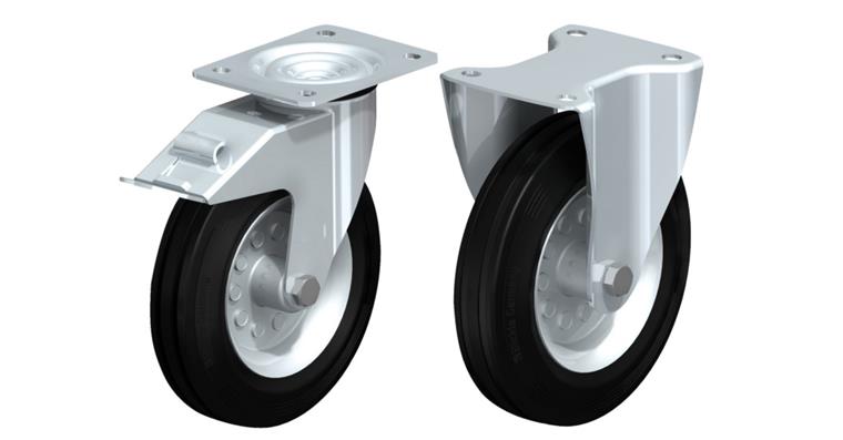 2 swivel and fixed castors solid rubber dia.200x50mm, 1 sw. cast. w/ lock device