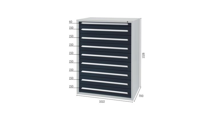 1084491803 Drawer cabinet H1,328 x W1,022 x D700 mm 9 drawers RAL7035/7016