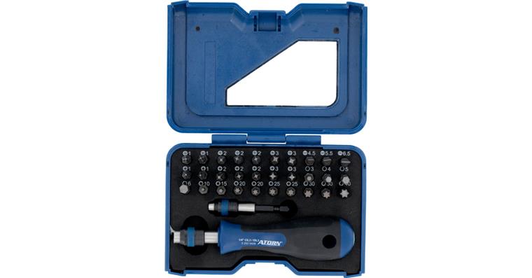 1052717102 ATORN bit box 32 pcs, slotted, PH, PZ, hexagon socket, TX, with holder a. handle