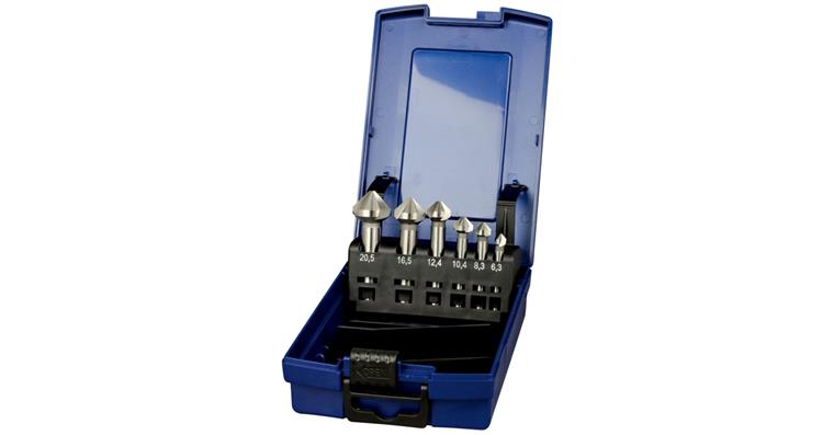 Cs. + cs. deburring tool set 6 pcs 90° HSS dia. 6.3-20.5 mm in ABS plastic box