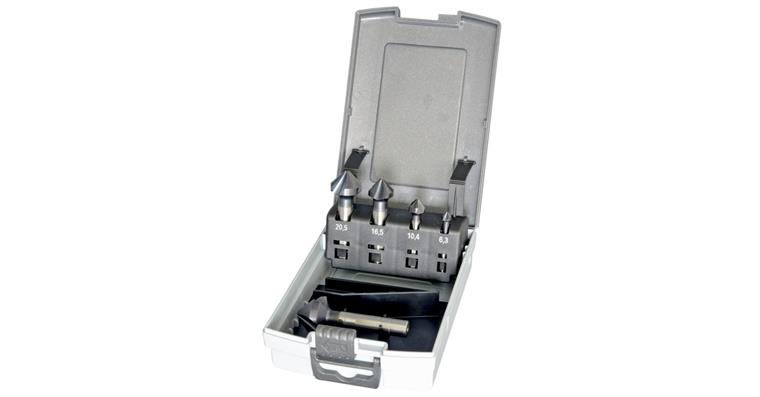 Prec. cntrsink drill set 5 pcs dia. 6.3/10.4/16.5/20.5/25.0 mm w/ 3 clamp surf.