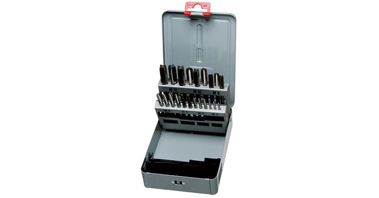 Machine tap set with twist drill in sheet steel box HSS M3-M12