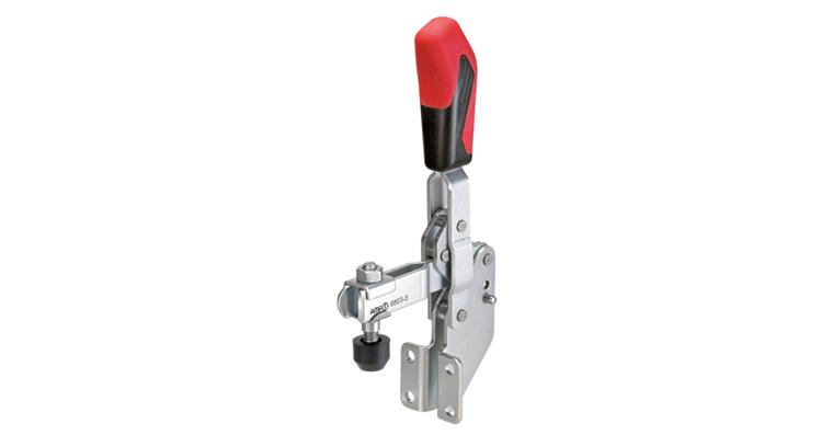 Vertical clamp w. retaining arm and angular base zinc-plated size 1 0.8-1.1 kN