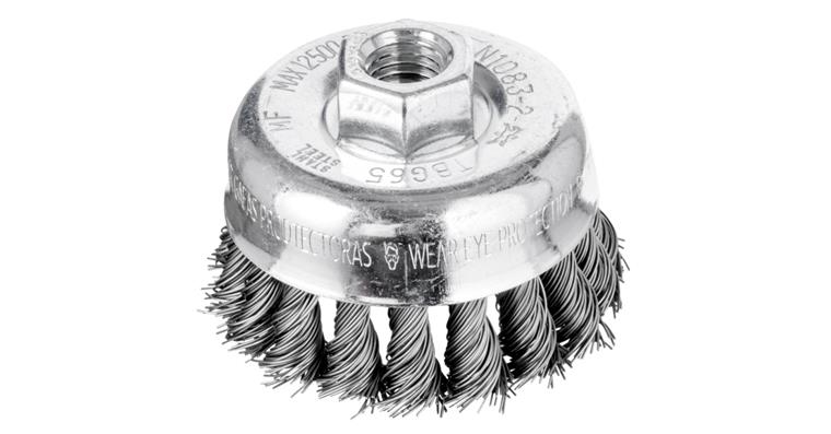 Twisted-wire cup brush, steel wire 0.35mm, dia. 65mm, bristle L=22mm, twists 18