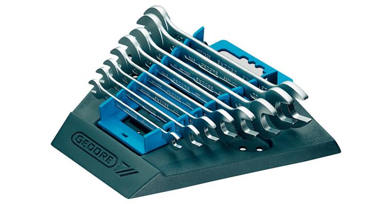 Dbl. open-end wrench set 15° DIN 3110 V31CrV3 12 pcs AF 6x7-30x32 mm in holder