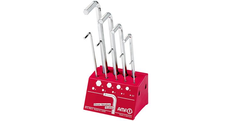 Long hexagon pin wrench set DIN 911 9 pieces AF 2.5-14 mm in workshop stand