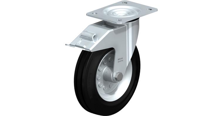 Sht. stl. swivel castor w/ screw-on plate and lock. dev., sld. rubber dia. 200mm