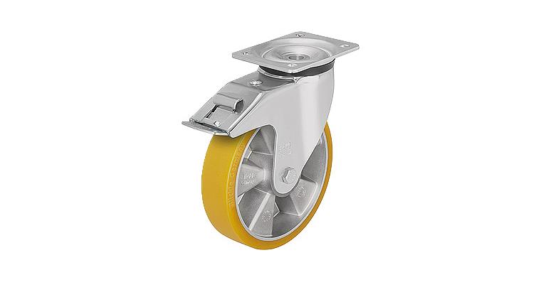 Sheet steel swivel castor w/ screw-on plate and locking device PU dia. 125 mm
