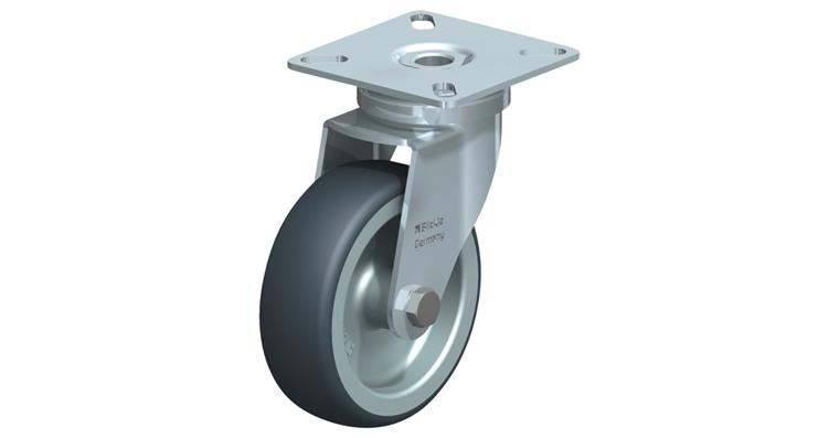 Swivel machinery castor with screw-on plate rubber (TPE) dia. 75 mm
