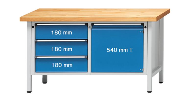 Kastenwerkbank Buche-Massiv-Platte Höhe 850 mm Breite 1500 mm RAL 7035/5012