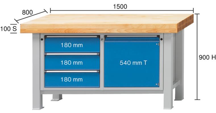 1082084201 Heavy-duty workbench 1500x800x900mm model 106VS beech solid plate RAL 7035/5012