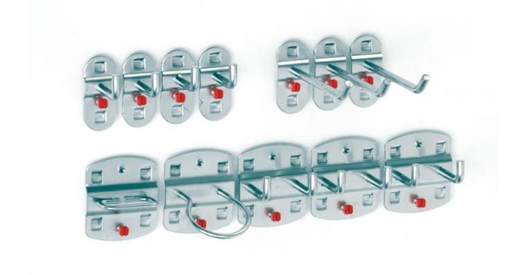 Tool holder assortment 12 pcs alu.-coloured f. perforated plates cat. no. 82465