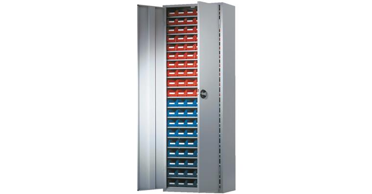1083506607 Schrank mit Türen 1950x690x285 mm 18 Fachböden 114 Sichtlagerkästen RAL 7035