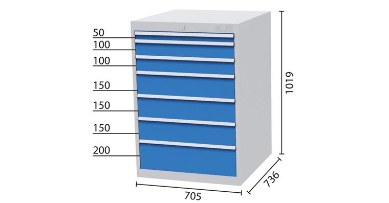 Schubladenschrank 7 Schubladen 1x50 2x100 3x150 1x200mm 705x736x1019mm 5012