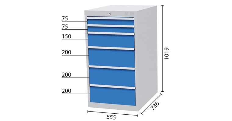 Schubladenschrank 6 Schubladen 7035/5012 2x75, 1x150, 3x200mm 555x736x1019mm