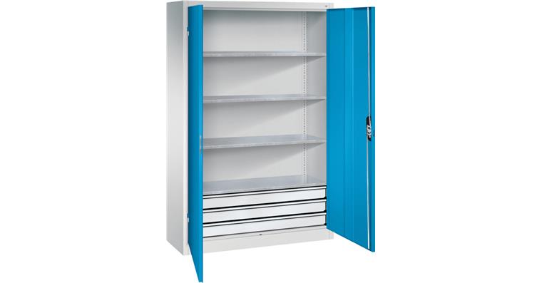 Großraum-Werkzeugschrank 1950x1200x500 RAL7035/5012 Schubladenblock unten