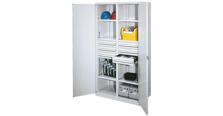 1085165503 Schwerlastschrank+Mitteltrennw. 6 Schubl. Vollblechtüren 1950x1000x600 RAL 7035