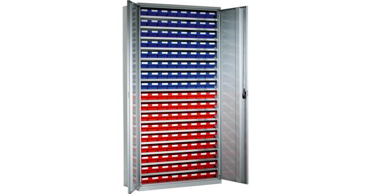 Storage cabinet H1950xW1000xD410 mm including 136 boxes RAL 7035