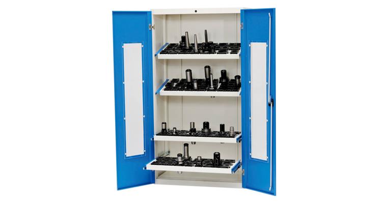 CNC hinged door cab. (empty) 1838x980x500mm RAL 7035/5010 w/ doors w/ view. wndw