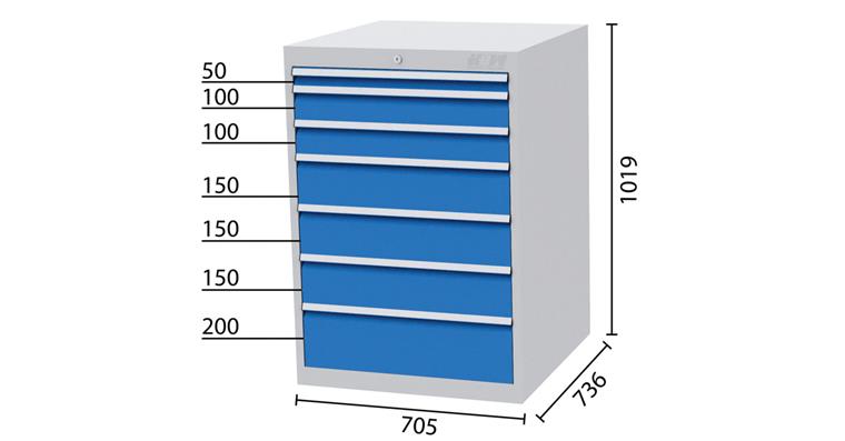 1084250201 Drawer cabinet 7 drawers 1x50 2x100 3x150 1x200mm 705x736x1019mm 5010