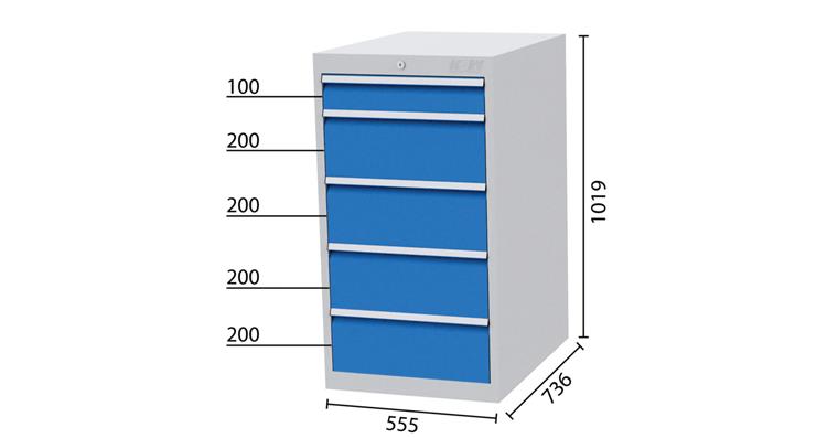 1084301204 Drawer cabinet 5 drawers 7035/5010 1x100, 4x200mm WDH 555x736x1019mm