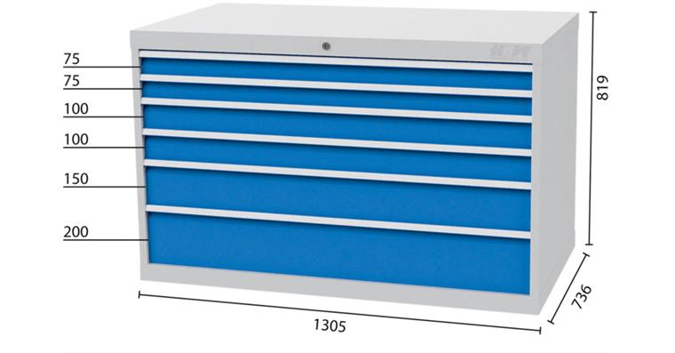 Werkzeugschrank 1305x736x819mm 6 Schubl. 2x75 2x100 1x150 1x200 mm 7035/5010