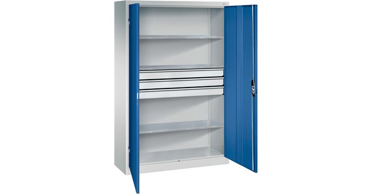 Großraum-Werkzeugschrank 1950x1200x600 RAL7035/5012 Schubladenblock mittig