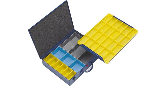 Kleinteile-Sortimentskoffer Stahlblech blau 440x330x100 mm mit 36 Boxen
