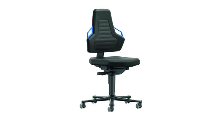 Swiv wrk chair Nexxit 2 seat height 450-600mm w cast, black fabric, blue handle