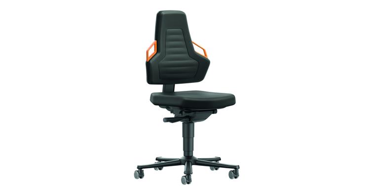 Swiv wrk chair Nexxit 2 seat height 450-600mm w cast, black fabric, orng handle